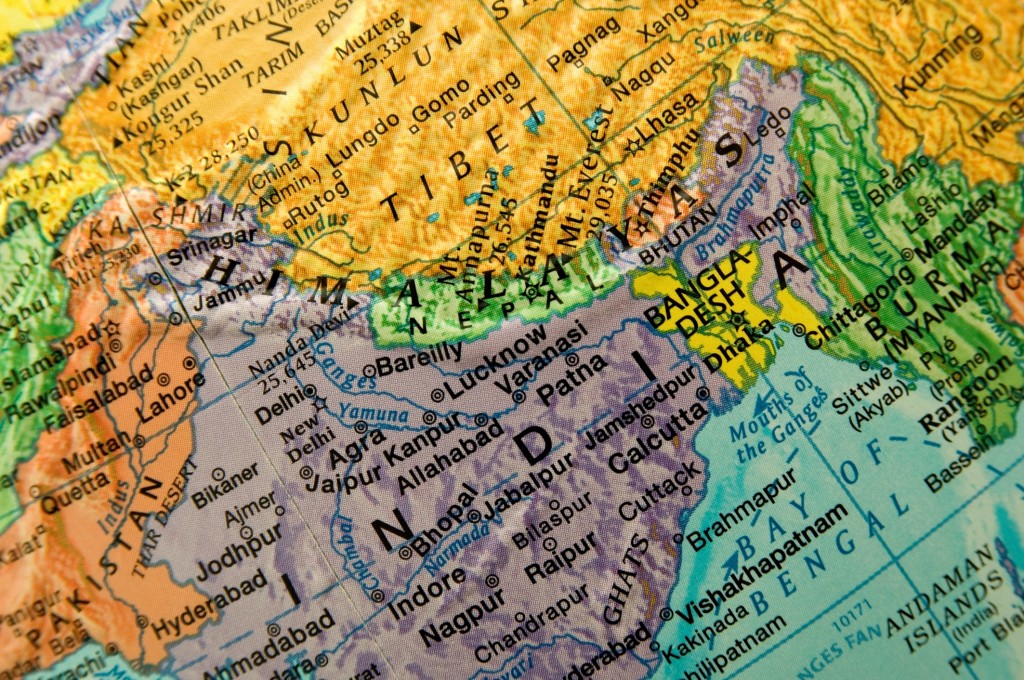 Close-up view of globe, India and Nepal.