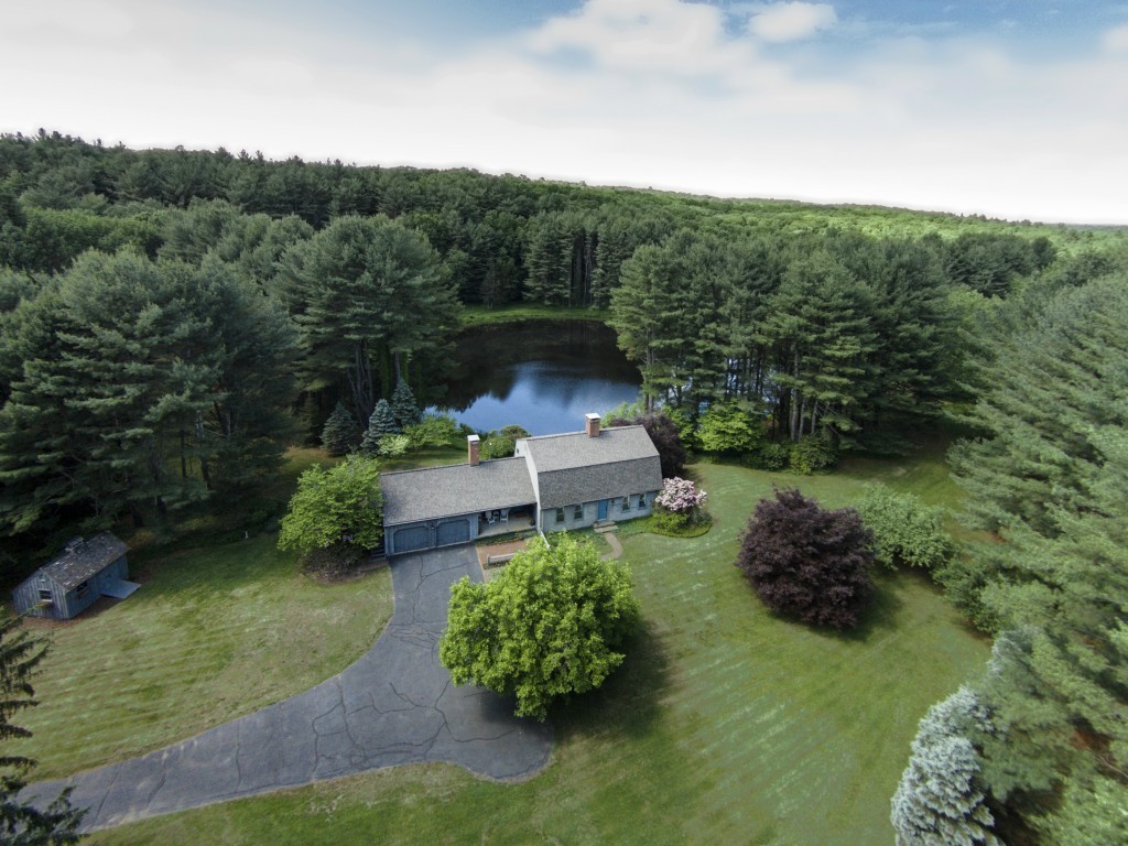 Front Aerial of Home and Private Pond