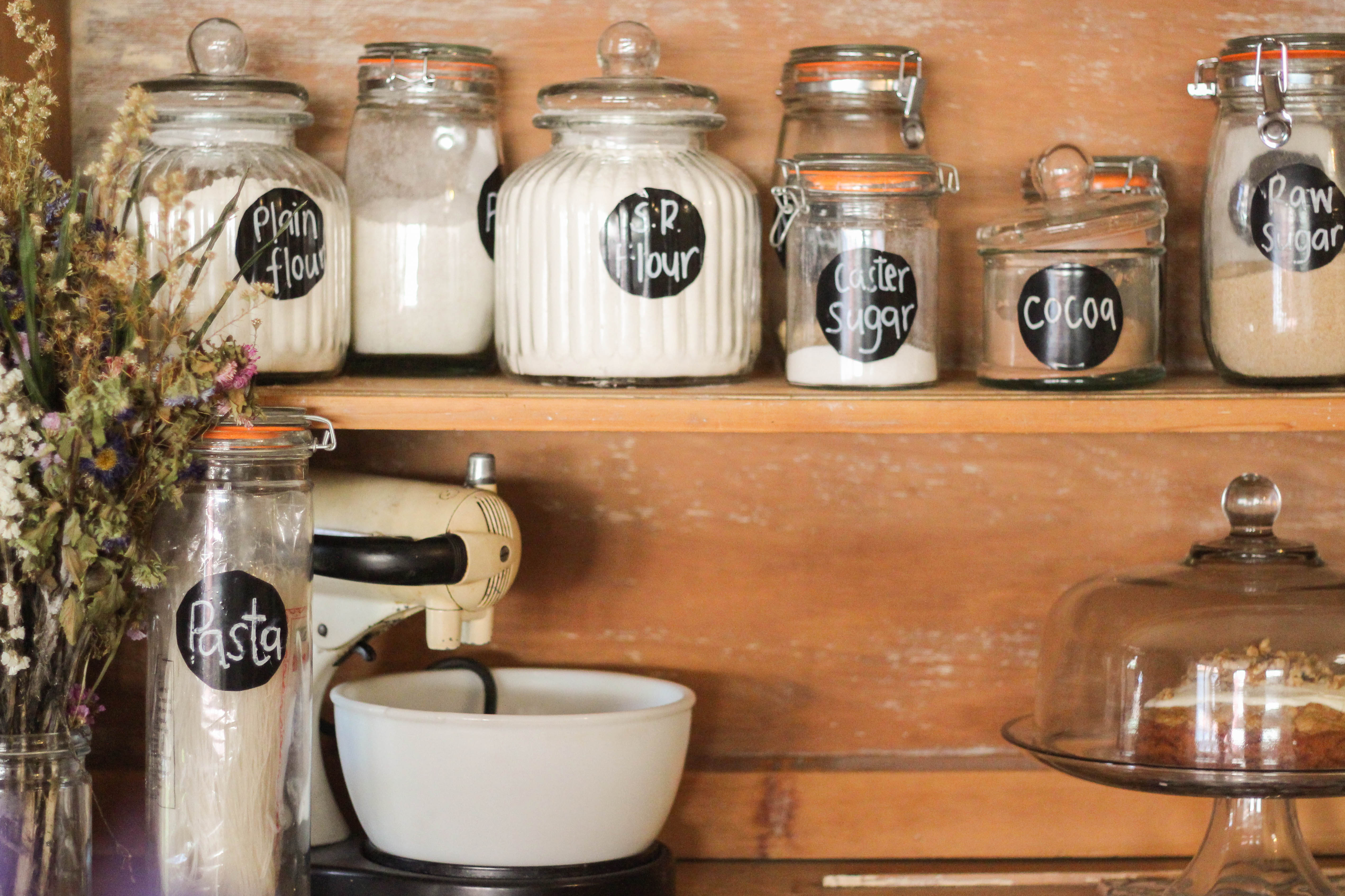 Baking Ingredients on antique hutch