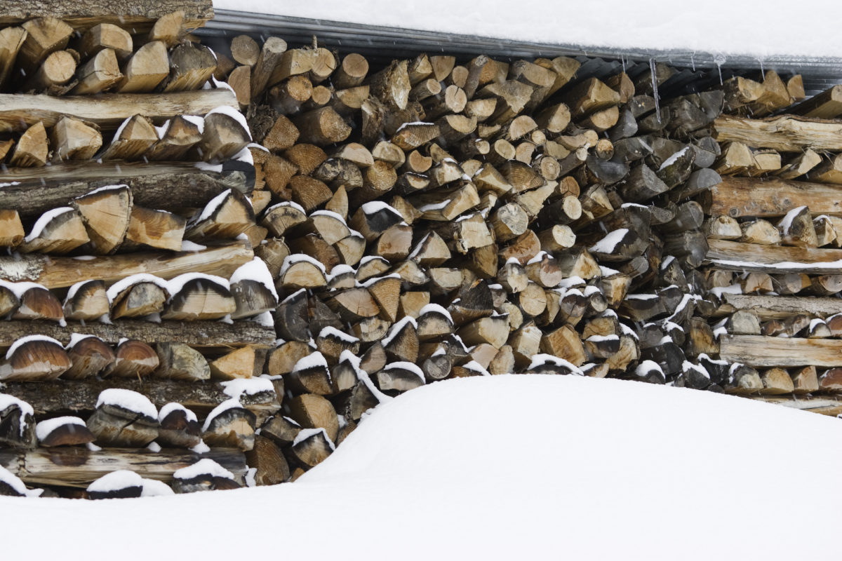 Stacked firewood and snow