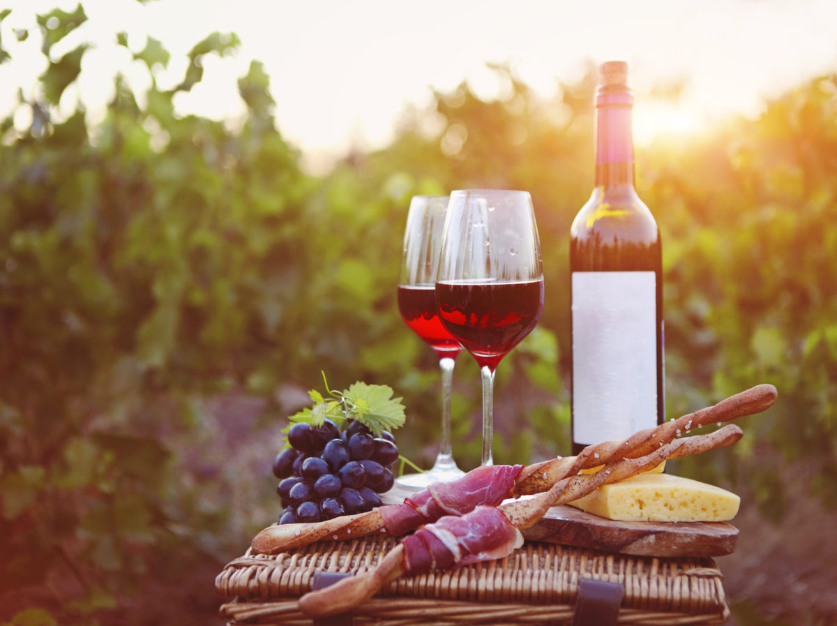 Two glasses of red wine with bread, meat, grape and cheese on the vineyard background