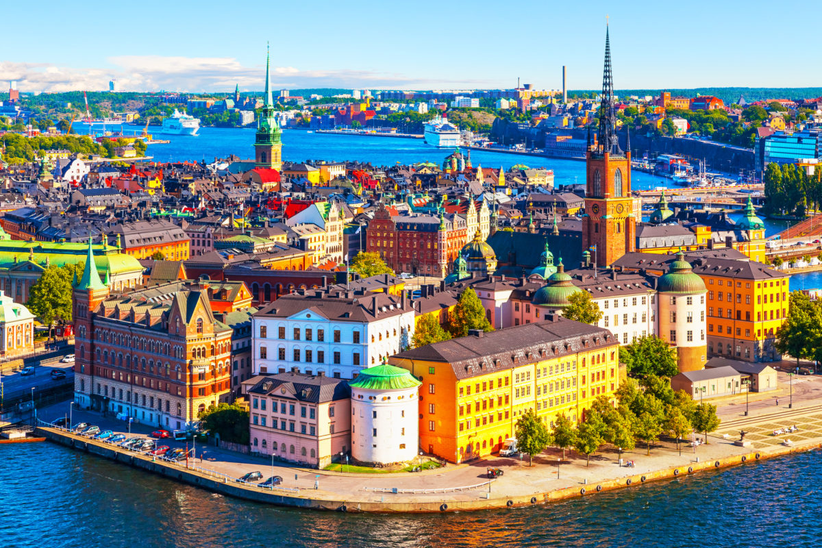 Scenic summer aerial panorama of the Old Town (Gamla Stan) pier architecture in Stockholm, Sweden