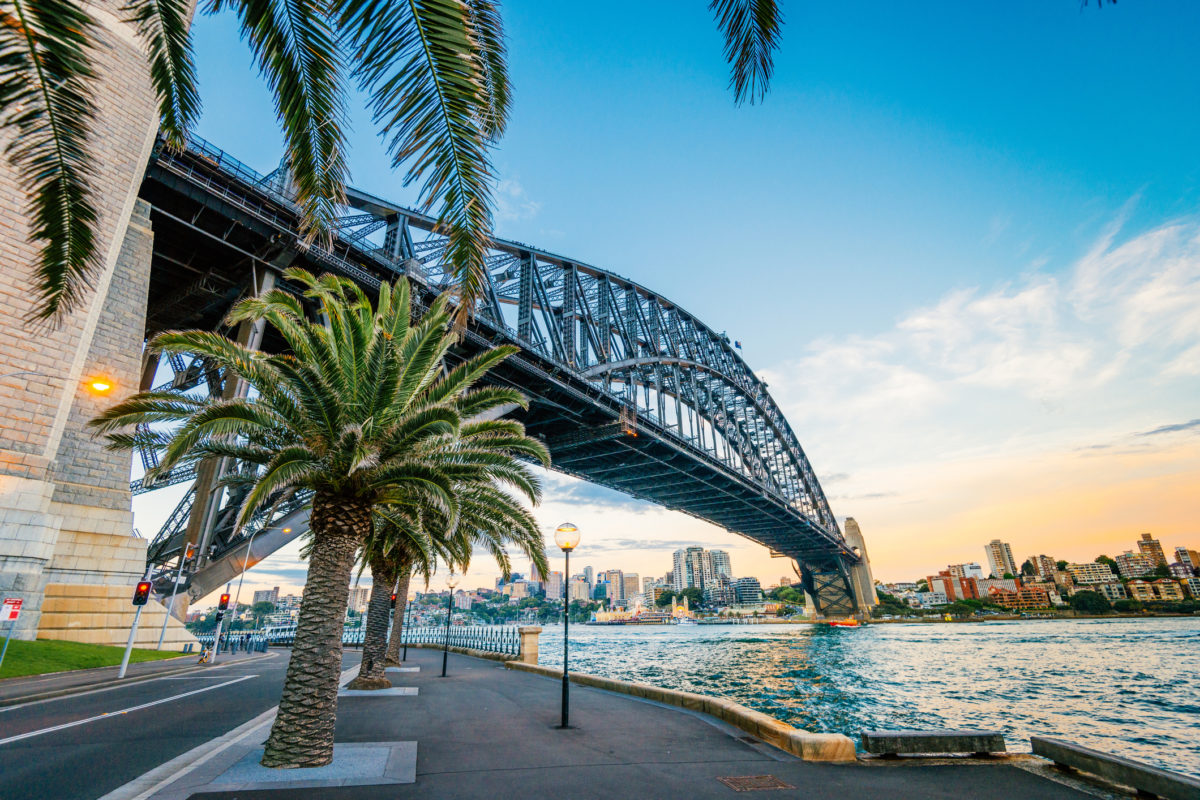 Cityscape of Sydney, Australia, in early summer at dusk and night. Majestic Sydney Harbor bridge, Circular Quay and the Rocks are famous areas and landmarks in Sydney.