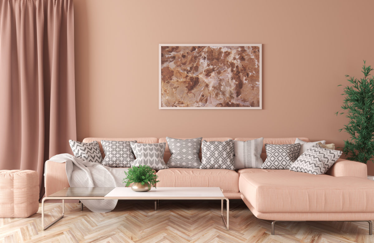 Modern interior of living room with peach corner sofa, coffee table 3d rendering