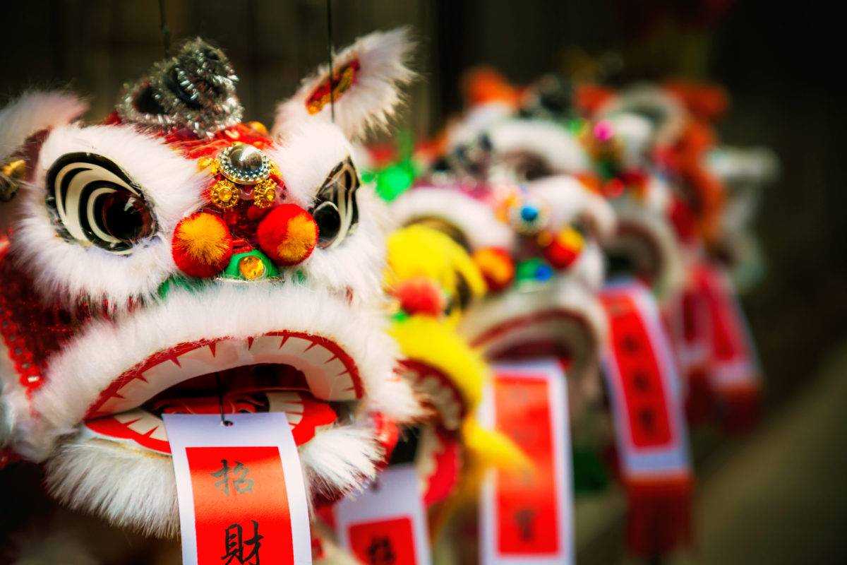 Traditional colorful chinese lion, Chinese paper means: good fortune.