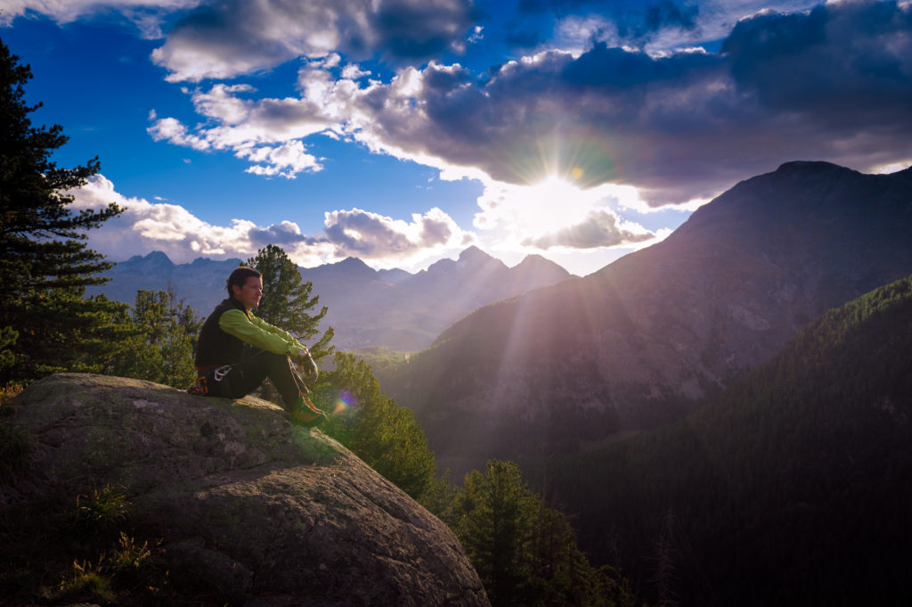 "Man at mountain sunriseSwiss National ParkMy images are processed from 16 bit RAW files in PROPHOTO colorspace,as possible to maintain the color fidelity when viewing on different devices and in the case of print for a correct and optimal conversion to CMYK"